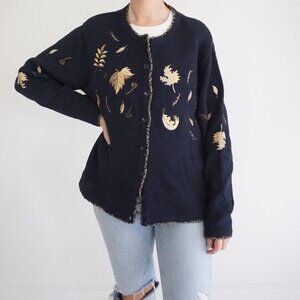 Vintage Christopher & Banks Embroidered Leaf Cotton Cardigan Fall Cottagecore L